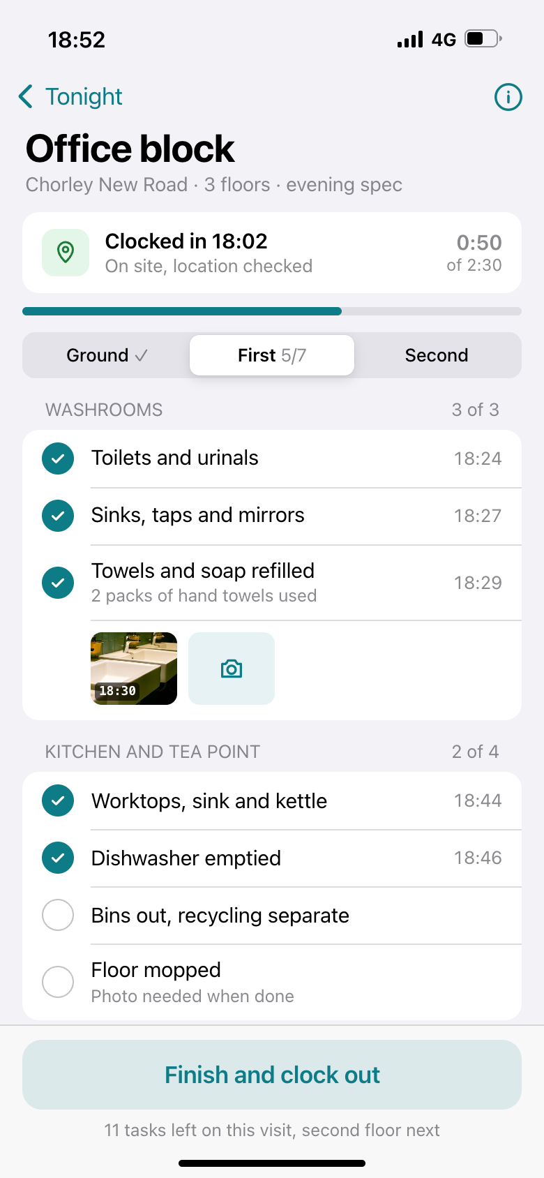 A cleaner's phone at an office block showing the clock-in time with the location
checked, progress through the visit by floor, the washroom and kitchen tasks
ticked with times, a photo of the finished washroom and the tasks still to do.