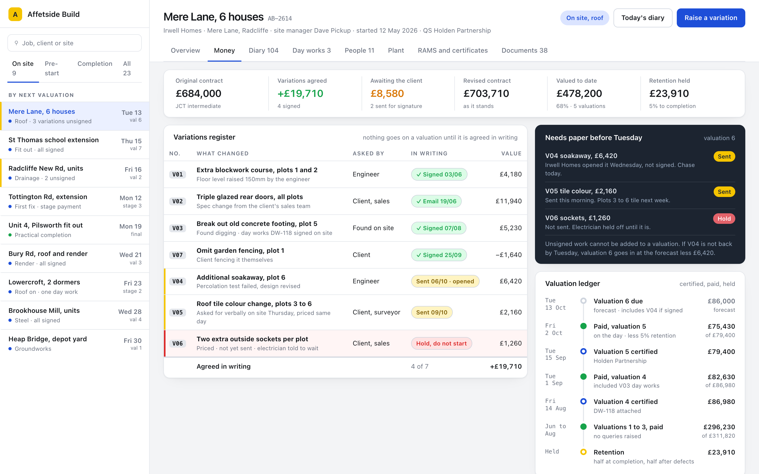 A job record listing its variations, whether each one is agreed in writing and what it is worth, beside the valuations, payments and retention.