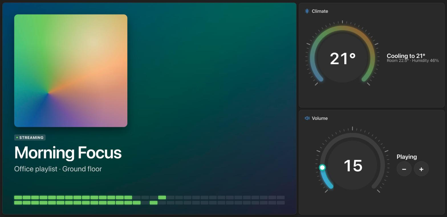 The same dashboard in its dark styling: music, volume and climate panels on a near-black background.