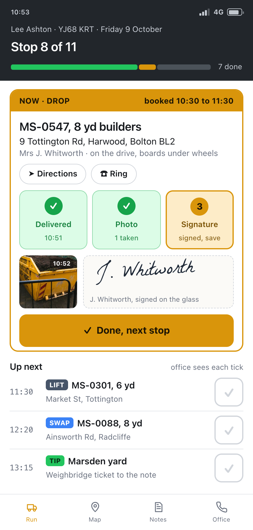 A driver's run sheet on a phone, showing the current drop with its delivery, photo and signature steps and the stops still to come.