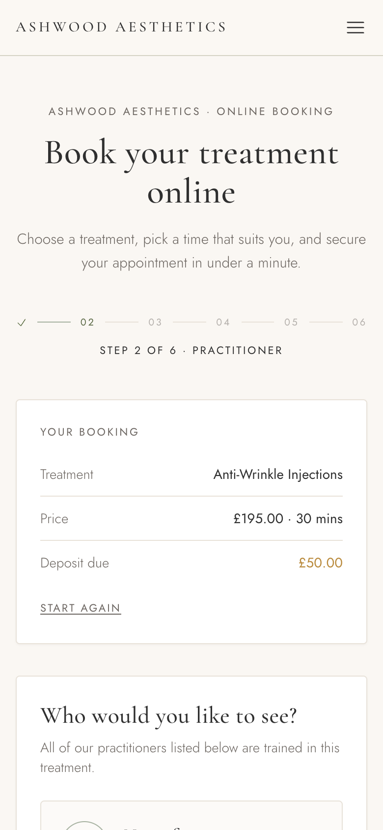 A clinic's online booking on a phone at step two of six, showing the chosen treatment, its price and duration, the deposit due, and the question of which practitioner the client would like to see.