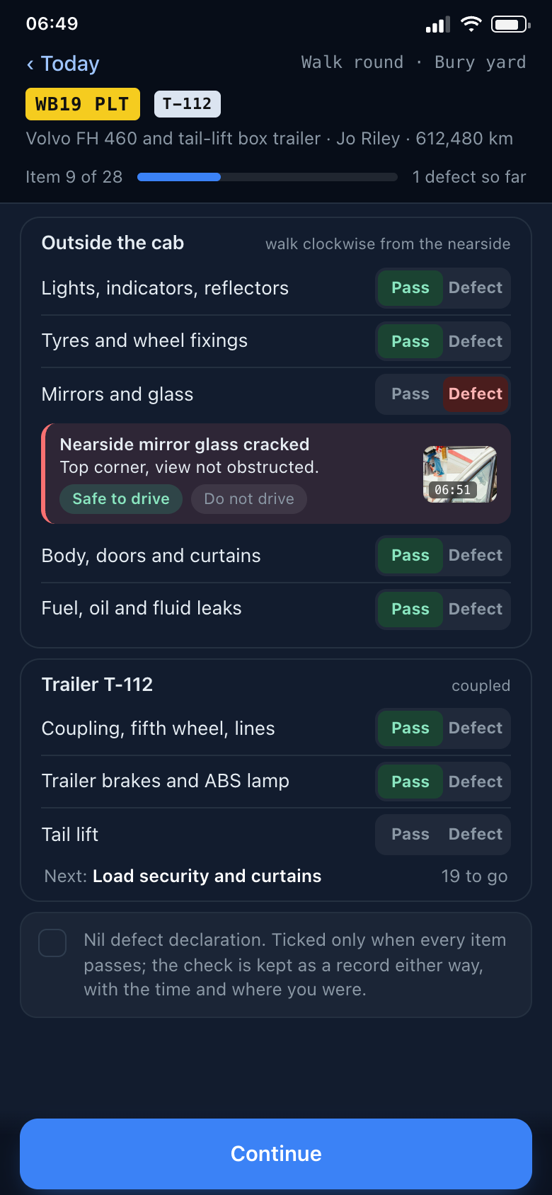 A vehicle walk round check on a phone, each item with a pass or defect toggle, a defect with its photo, and the nil defect declaration.