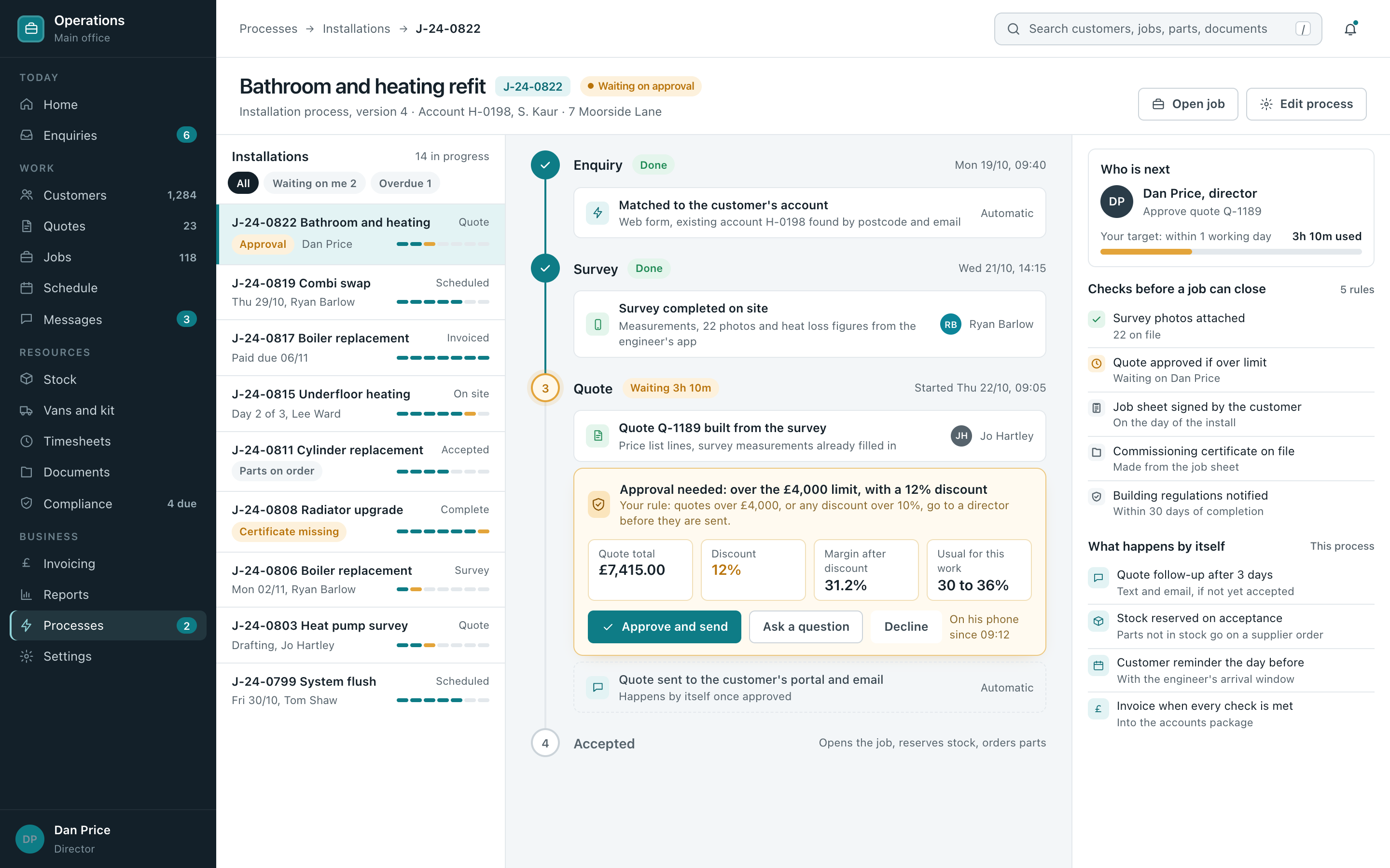 The process view for one job: each stage from enquiry to paid, with the automatic steps already done, an approval waiting on a manager, and who has the next step.