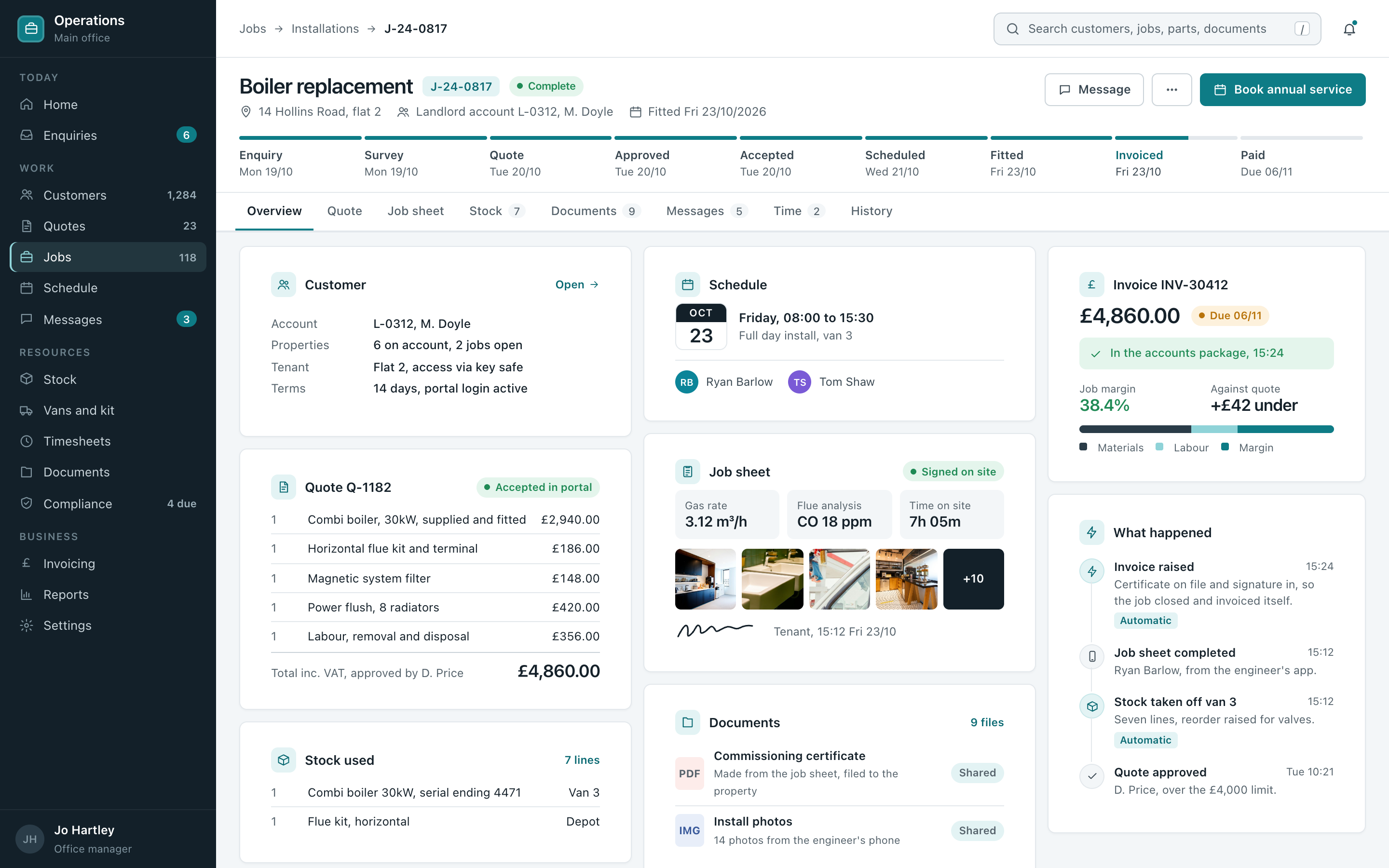 One job open in a business management system, with the customer, the accepted quote, the schedule, the engineer's job sheet, the stock used, the documents and the invoice all shown on the same screen.