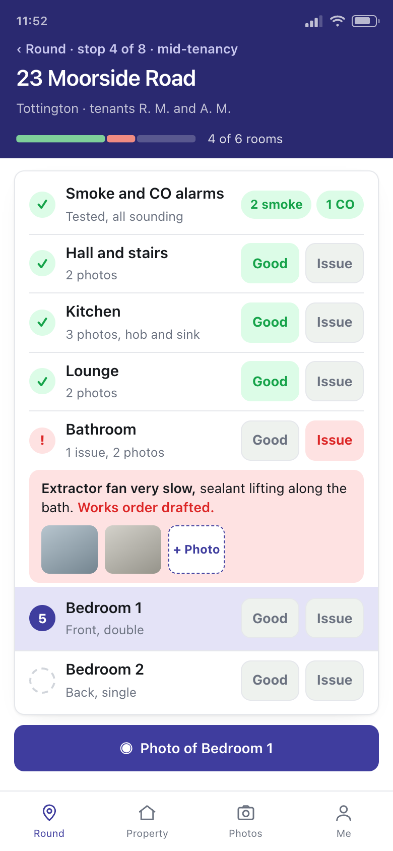 A property inspection on a phone, worked through room by room.