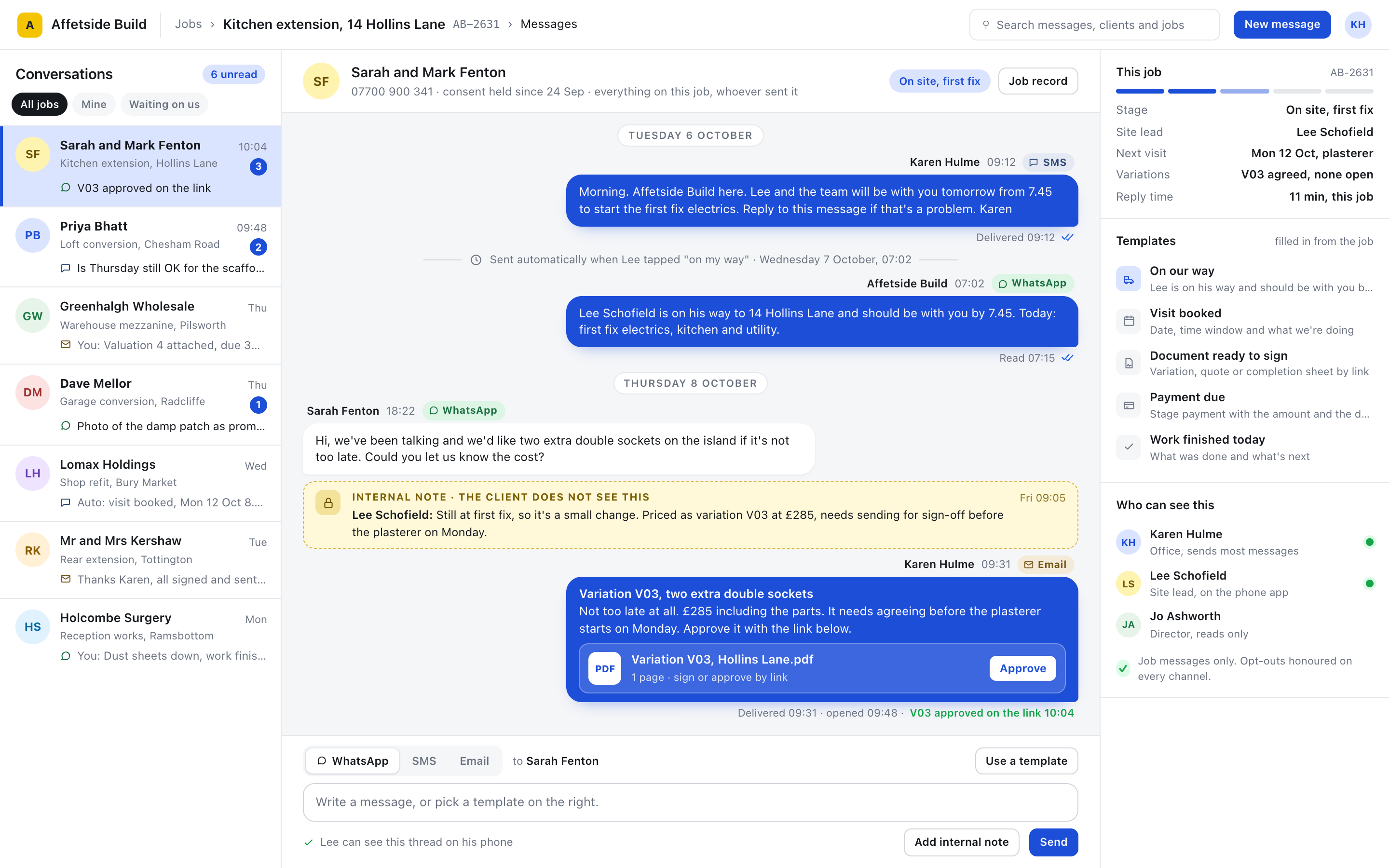 A messages view inside a job system: a list of client conversations across jobs on the left with unread counts, the open conversation in the middle mixing SMS, WhatsApp and email with delivery ticks, an internal note and an approved document, and the job summary and templates on the right.