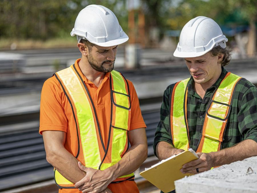 Two site managers checking paperwork on site.