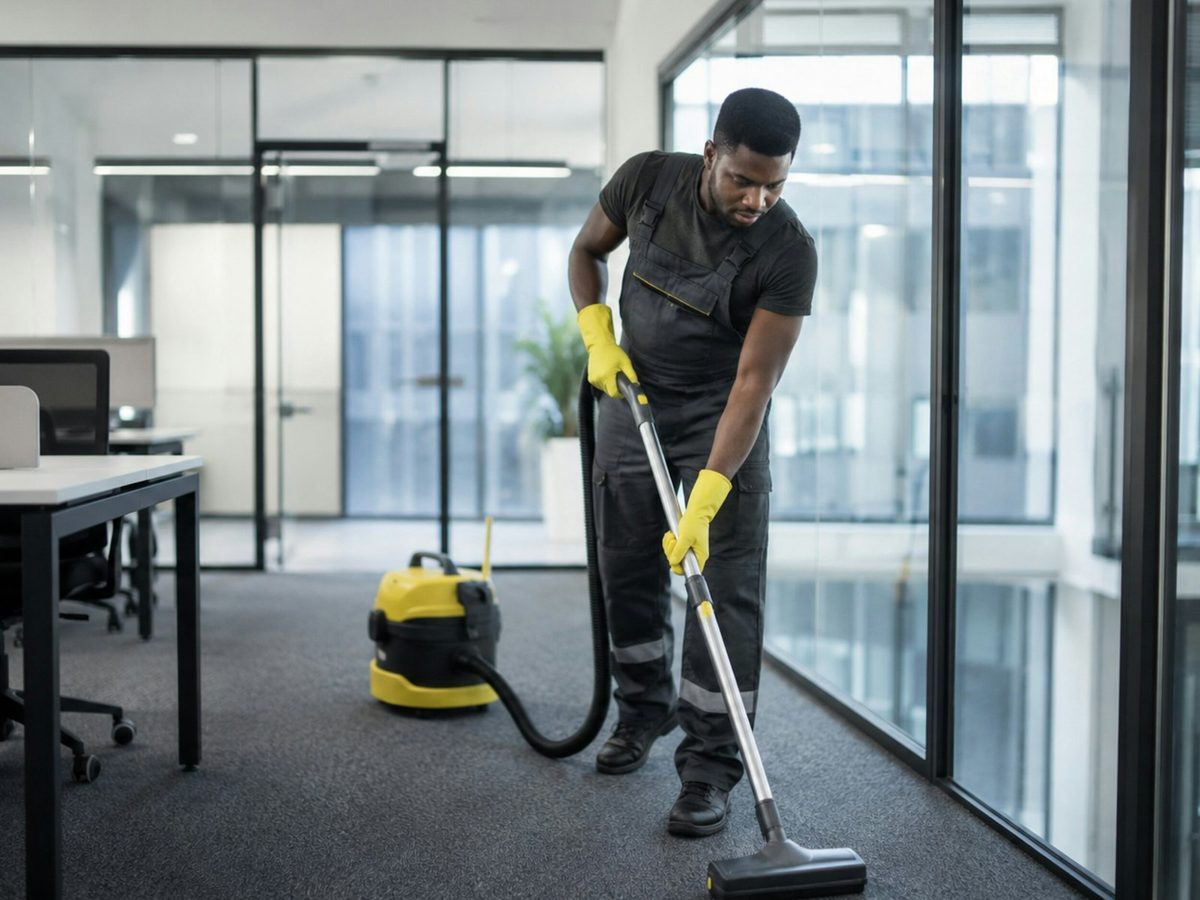 A cleaner in gloves vacuuming the carpet of an empty office.