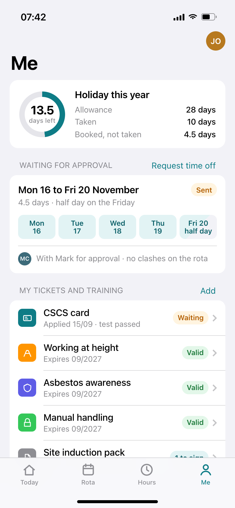 A staff member's own page in the staff app: holiday left this year, a week off in November waiting for approval with no rota clashes, and their tickets and training with expiry dates and one document still to sign.